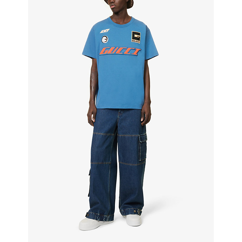 Shop Gucci Men's Blue Mc Brand-appliqué Crewneck Cotton-jersey T-shirt