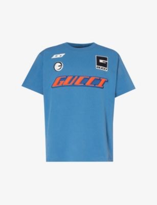 Gucci Brand-appliqué Crewneck Cotton-jersey T-shirt In Blue