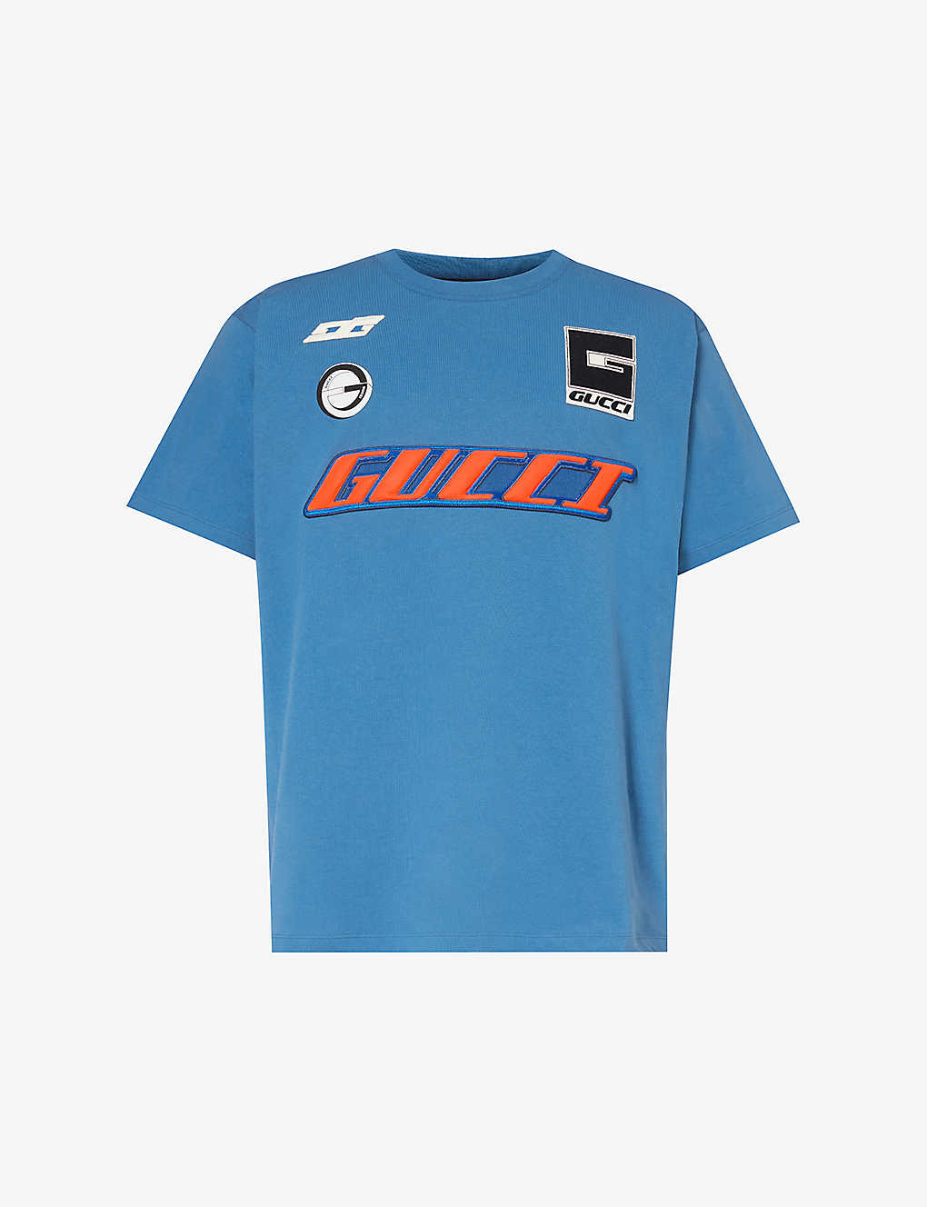 Gucci Brand-appliqué Crewneck Cotton-jersey T-shirt In Blue
