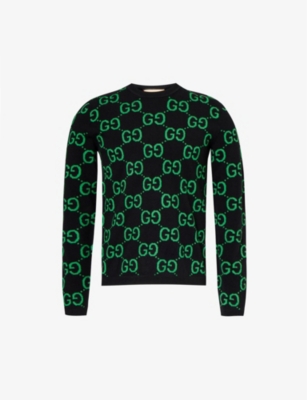 Shop Gucci Monogram-intarsia Crewneck Wool-knit Jumper In Black