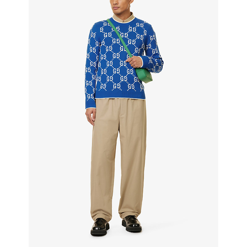 Shop Gucci Mens Cobalt Ivory Monogram-pattern Crewneck Cotton-knit Jumper