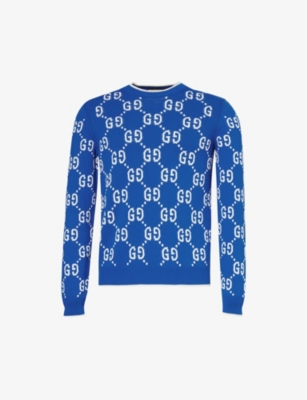 Shop Gucci Men's Cobalt Ivory Monogram-pattern Crewneck Cotton-knit Jumper