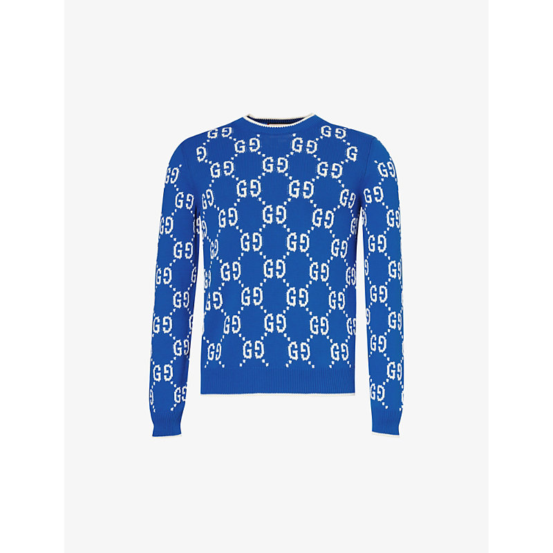 Shop Gucci Mens Cobalt Ivory Monogram-pattern Crewneck Cotton-knit Jumper