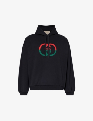 Shop Gucci Mens  Logo-print Relaxed-fit Cotton-jersey Hoody In Black/mc