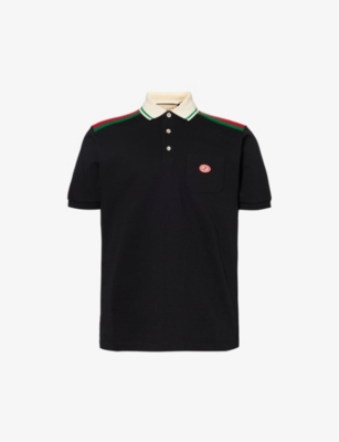 Gucci Men's Black/mix Brand-appliqué Striped-trim Cotton-jersey Polo Shirt