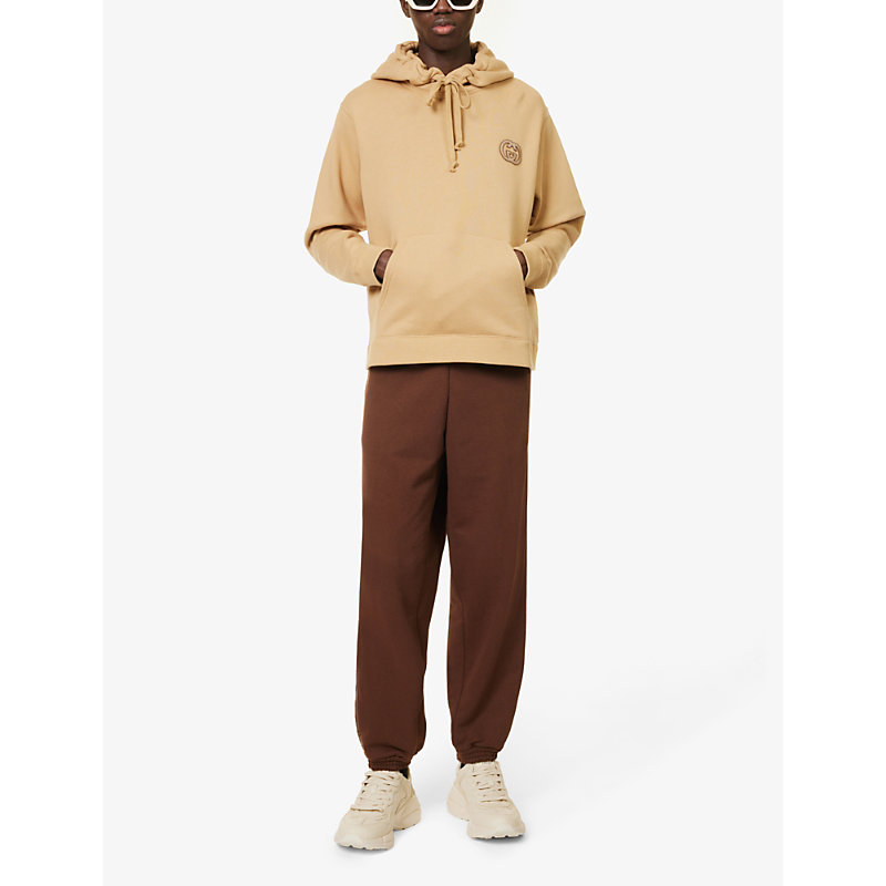 Shop Gucci Brand-appliqué Kangaroo-pocket Cotton-jersey Hoody In Camel Mix