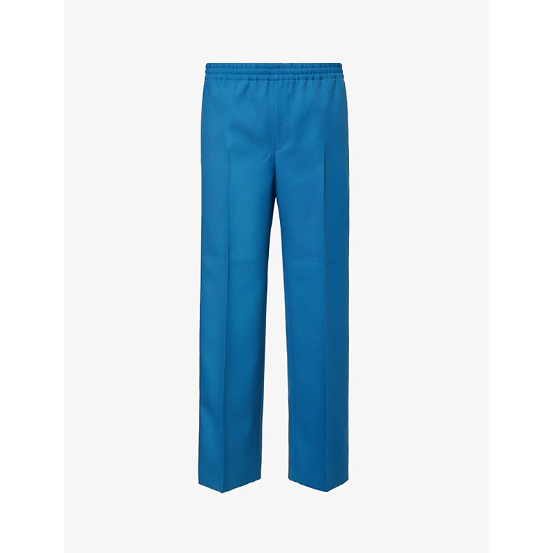 Shop Gucci Men's Aviation Blue/mix Pressed-crease Wide-leg Woven Jogging Bottoms