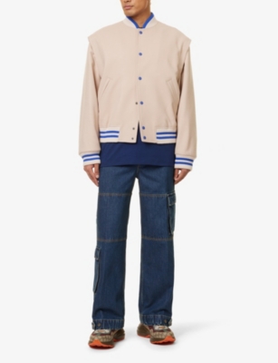 Shop Gucci Logo-embroidered Stand-collar Boxy-fit Wool Varsity Jacket In Truffle/mix