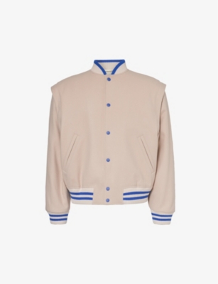 Shop Gucci Men's Truffle/mix Logo-embroidered Stand-collar Boxy-fit Wool Varsity Jacket