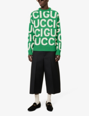 Shop Gucci Mens Yard/ivory Logo-intarsia Relaxed-fit Wool-knit Jumper