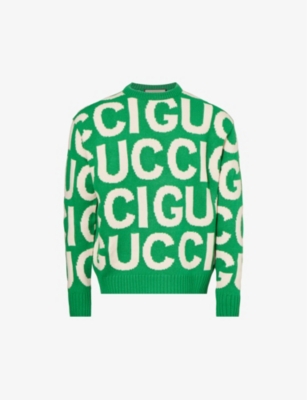 Shop Gucci Mens Yard/ivory Logo-intarsia Relaxed-fit Wool-knit Jumper