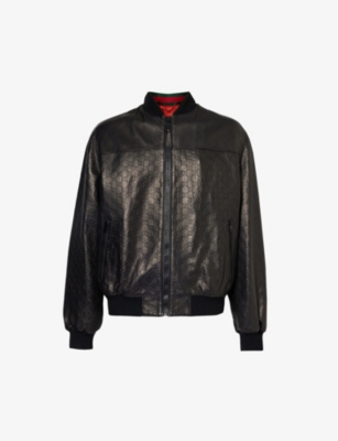 Gucci Gg Debossed-pattern Leather Bomber Jacket In Black