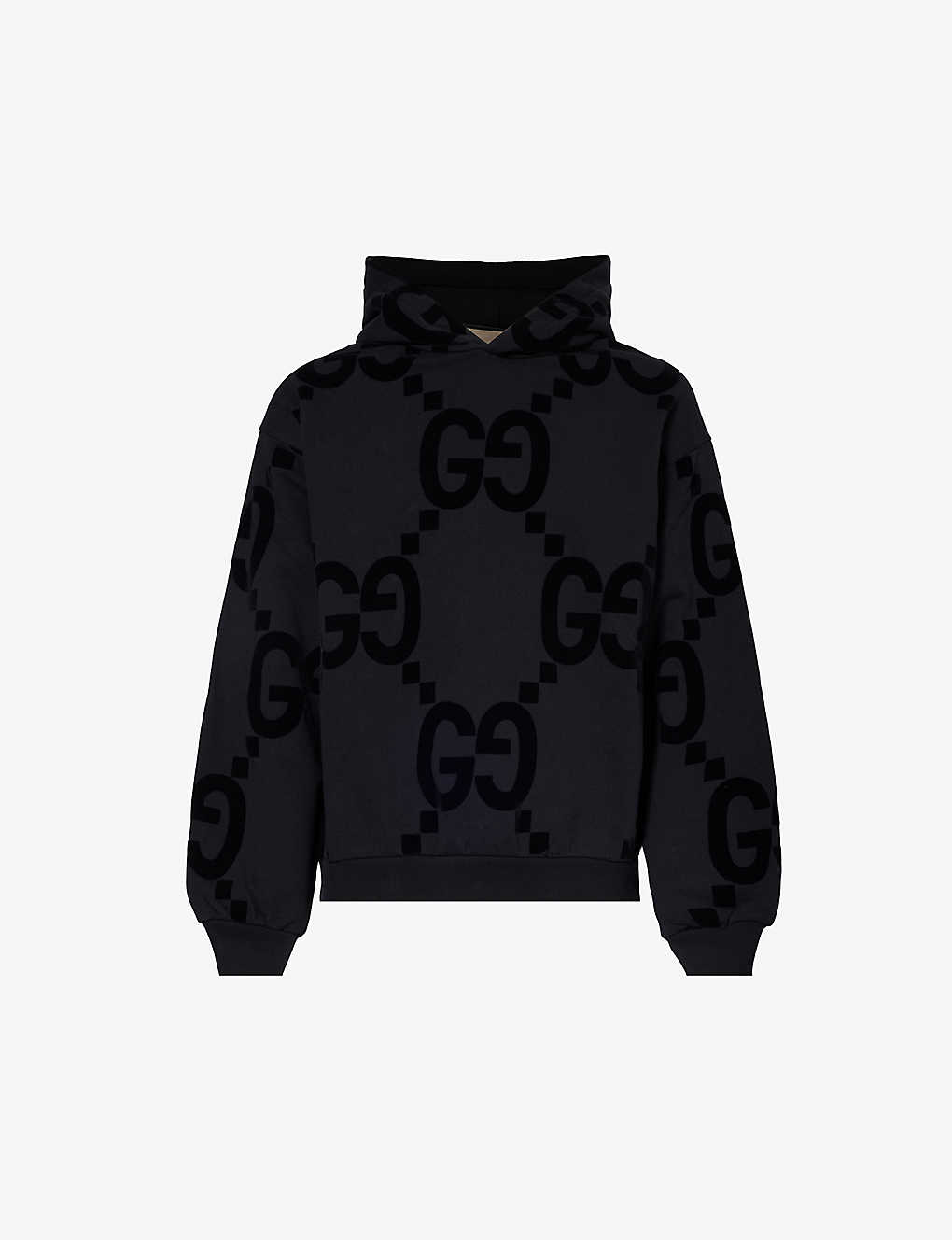 Gucci Monogram-embellished Relaxed-fit Cotton-jersey Hoody In Black
