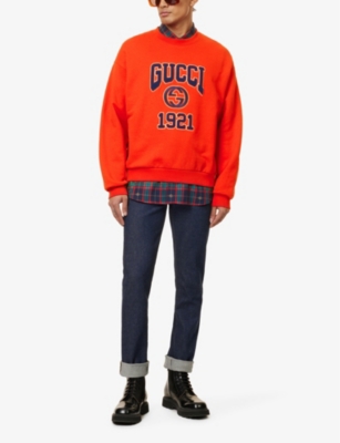 Shop Gucci Men's Live Red/mix Logo-print Crewneck Cotton-jersey Sweatshirt