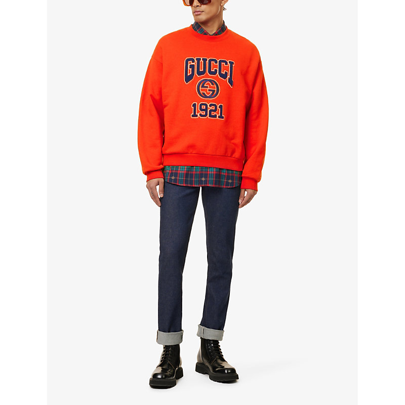 Shop Gucci Mens Live Red/mix Logo-print Crewneck Cotton-jersey Sweatshirt