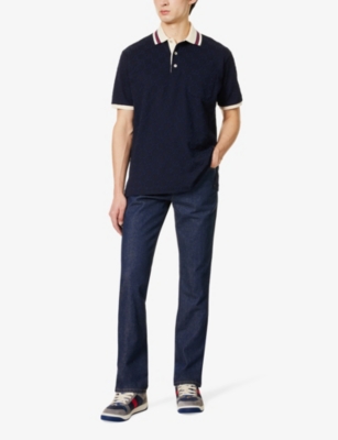 GUCCI: Monogram-pattern striped-trim stretch-cotton polo shirt