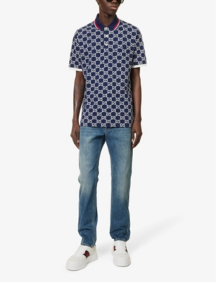 Shop Gucci Men's Blue/ivory Monogram-pattern Striped-trim Cotton Polo Shirt