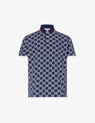 Gucci Monogram-pattern Striped-trim Cotton Polo Shirt In Blue