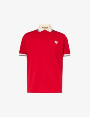 Shop Gucci Men's Live Red/mix Brand-appliqué Striped-trim Stretch-cotton Polo Shirt