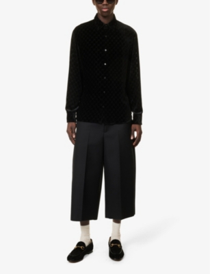 Shop Gucci Mens Black Monogrammed Semi-sheer Regular-fit Velvet Silk-blend Shirt