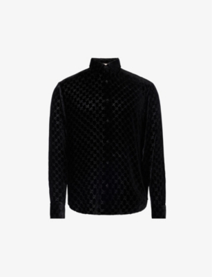 Gucci Mens Black Monogrammed Semi-sheer Regular-fit Velvet Silk-blend Shirt