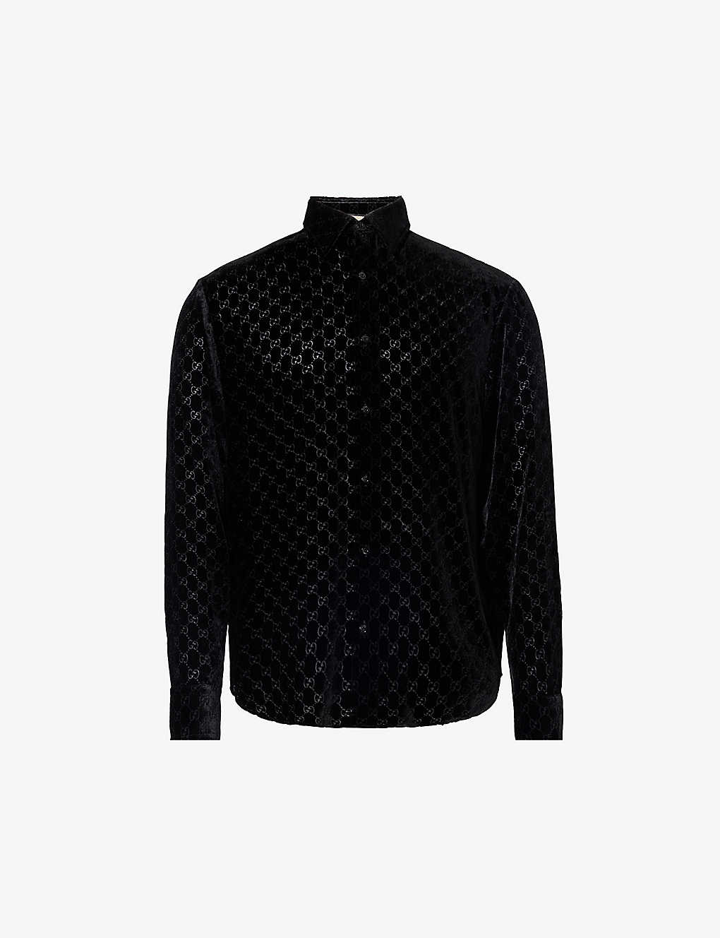 Gucci Mens Black Monogrammed Semi-sheer Regular-fit Velvet Silk-blend Shirt