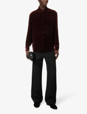 Shop Gucci Monogrammed Semi-sheer Regular-fit Velvet Silk-blend Shirt In Deep Bordeaux