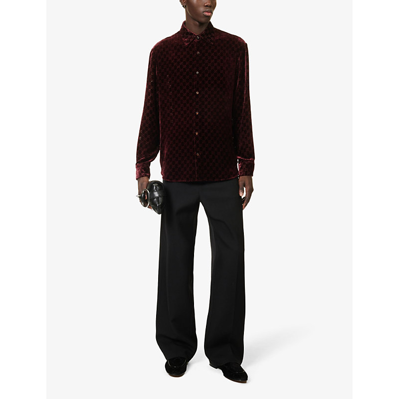 Shop Gucci Men's Deep Bordeaux Monogrammed Semi-sheer Regular-fit Velvet Silk-blend Shirt