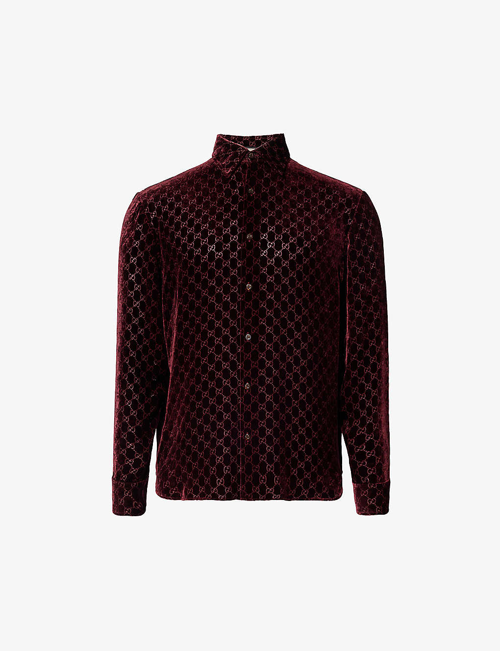 Gucci Mens Deep Bordeaux Monogrammed Semi-sheer Regular-fit Velvet Silk-blend Shirt