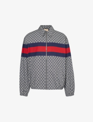 Shop Gucci Men's Blue/blue/mc Monogram-pattern Spread-collar Cotton Jacket
