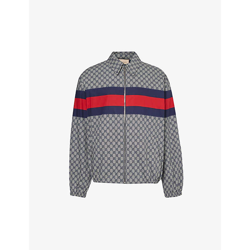 Shop Gucci Men's Blue/blue/mc Monogram-pattern Spread-collar Cotton Jacket