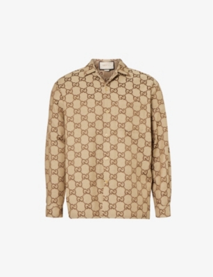 Gucci Monogram-pattern Camp-collar Relaxed-fit Cotton-blend Shirt In Camel/ebony