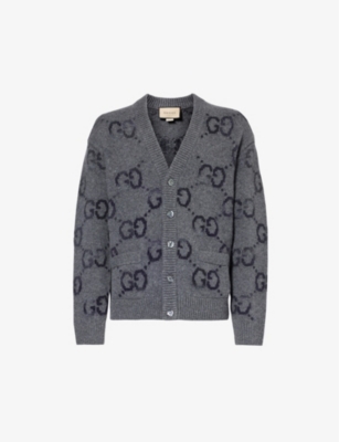 Shop Gucci Men's Grey/mc Gg Logo-intarsia Regular-fit Wool-blend Cardigan
