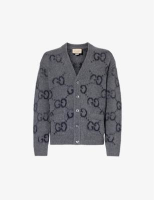 Gucci Cardigan Aus Wolle Mit Gg Intarsie In Grey/mc