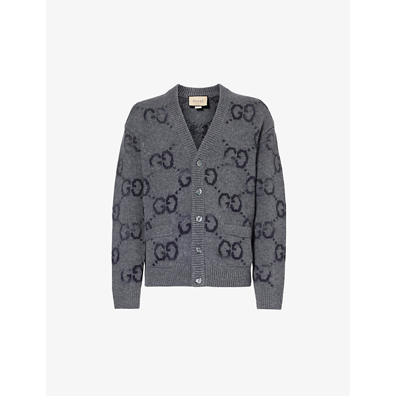 Shop Gucci Men's Grey/mc Gg Logo-intarsia Regular-fit Wool-blend Cardigan
