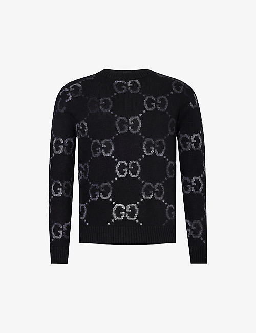 GUCCI: Monogram-pattern ribbed-trim wool-blend knitted jumper