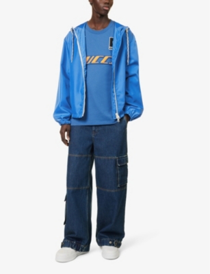 Shop Gucci Men's New Bluette Logo-print Drawstring-hood Relaxed-fit Shell Jacket