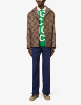 Shop Gucci Men's Brown/beige Monogram-pattern Wide-collar Wool Jacket