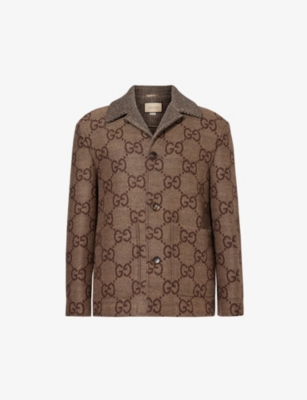 Gucci Monogram-pattern Wide-collar Wool Jacket In Brown/beige