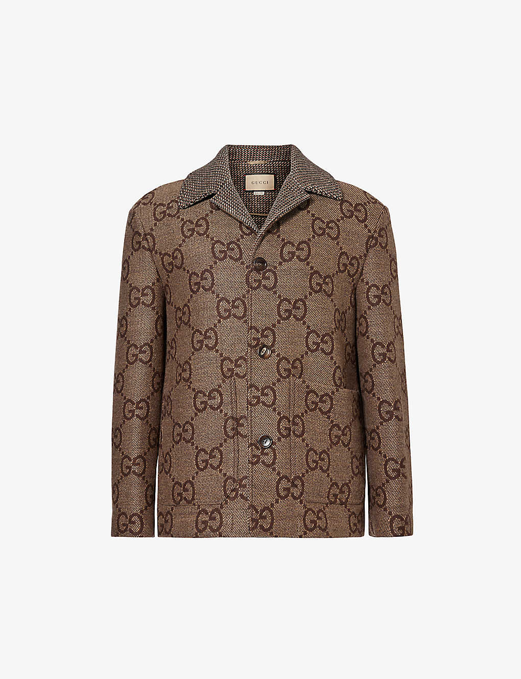 Gucci Monogram-pattern Wide-collar Wool Jacket In Brown/beige