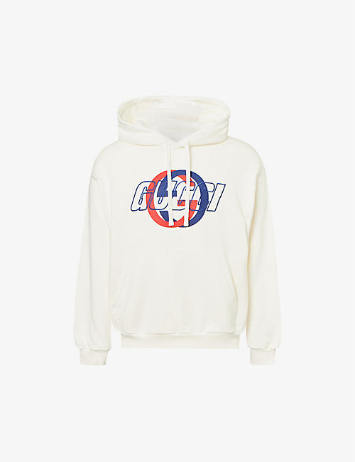GUCCI: Brand-embroidered printed relaxed-fit cotton-jersey hoody