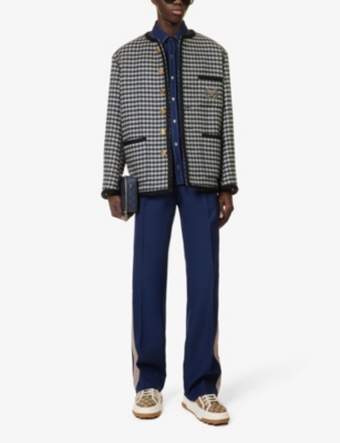 Shop Gucci Men's Beige/blue Brand-embroidered Checked-pattern Wool-blend Jacket