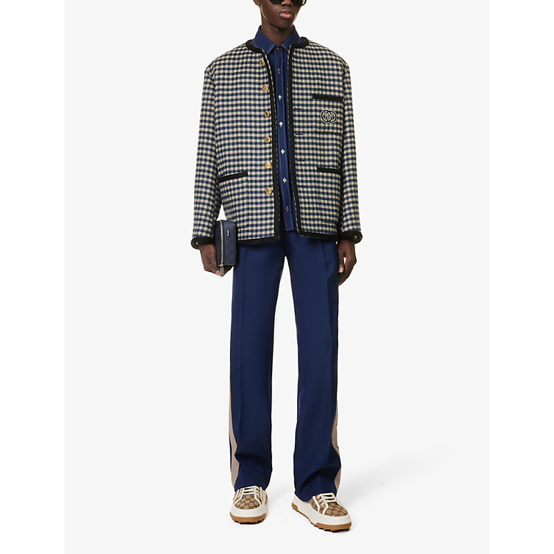 Shop Gucci Brand-embroidered Checked-pattern Wool-blend Jacket In Beige/blue