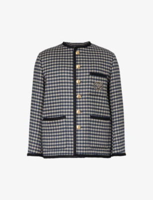 GUCCI: Brand-embroidered checked-pattern wool-blend jacket