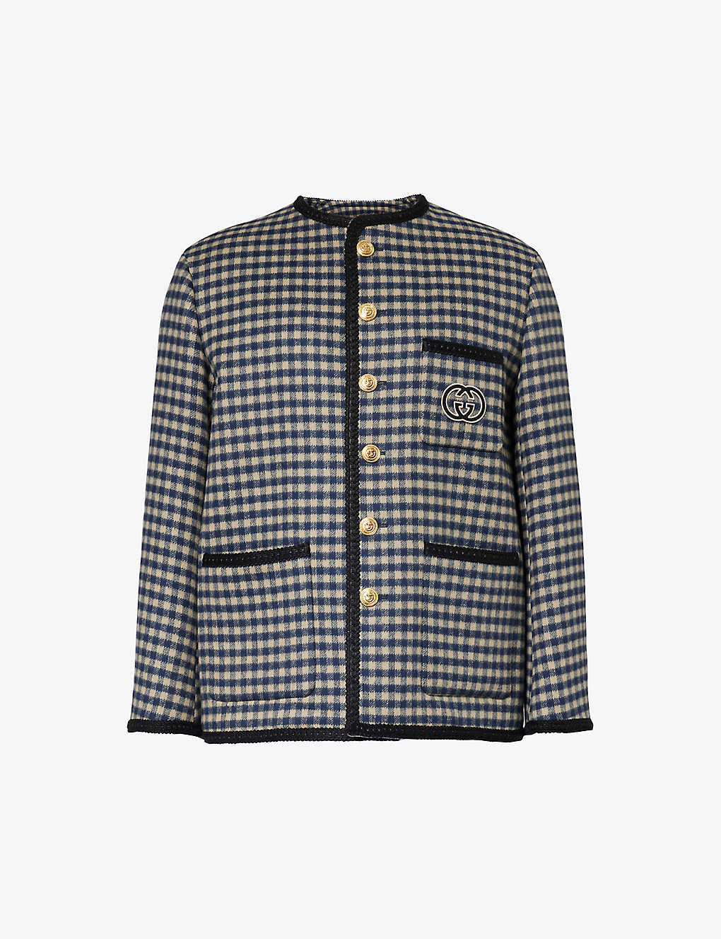 Gucci Brand-embroidered Checked-pattern Wool-blend Jacket In Beige/blue