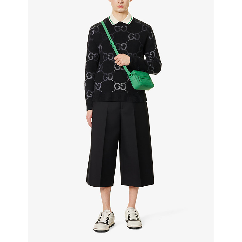 Shop Gucci Mens Black Cropped Wide-leg Wool-blend Trousers
