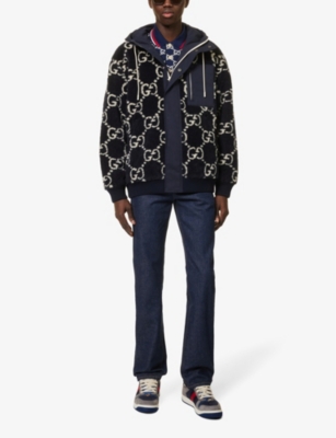 Shop Gucci Men's Dark Blue Monogram-patterned Funnel-neck Wool-blend Jacket