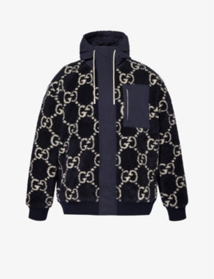 Gucci Mens Dark Blue Monogram-patterned Funnel-neck Wool-blend Jacket