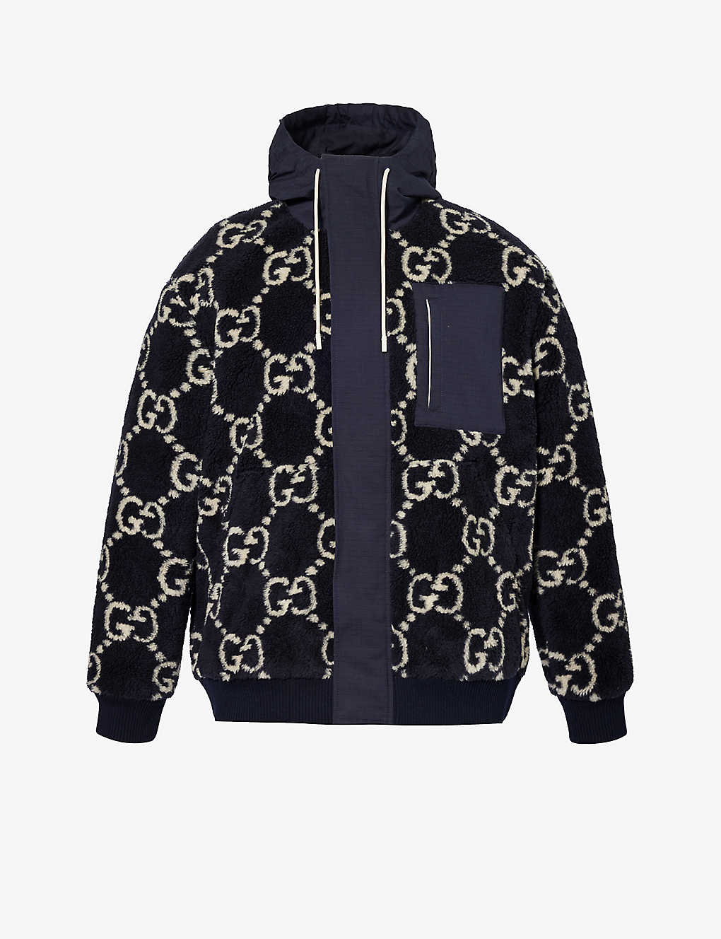 Gucci Mens Dark Blue Monogram-patterned Funnel-neck Wool-blend Jacket