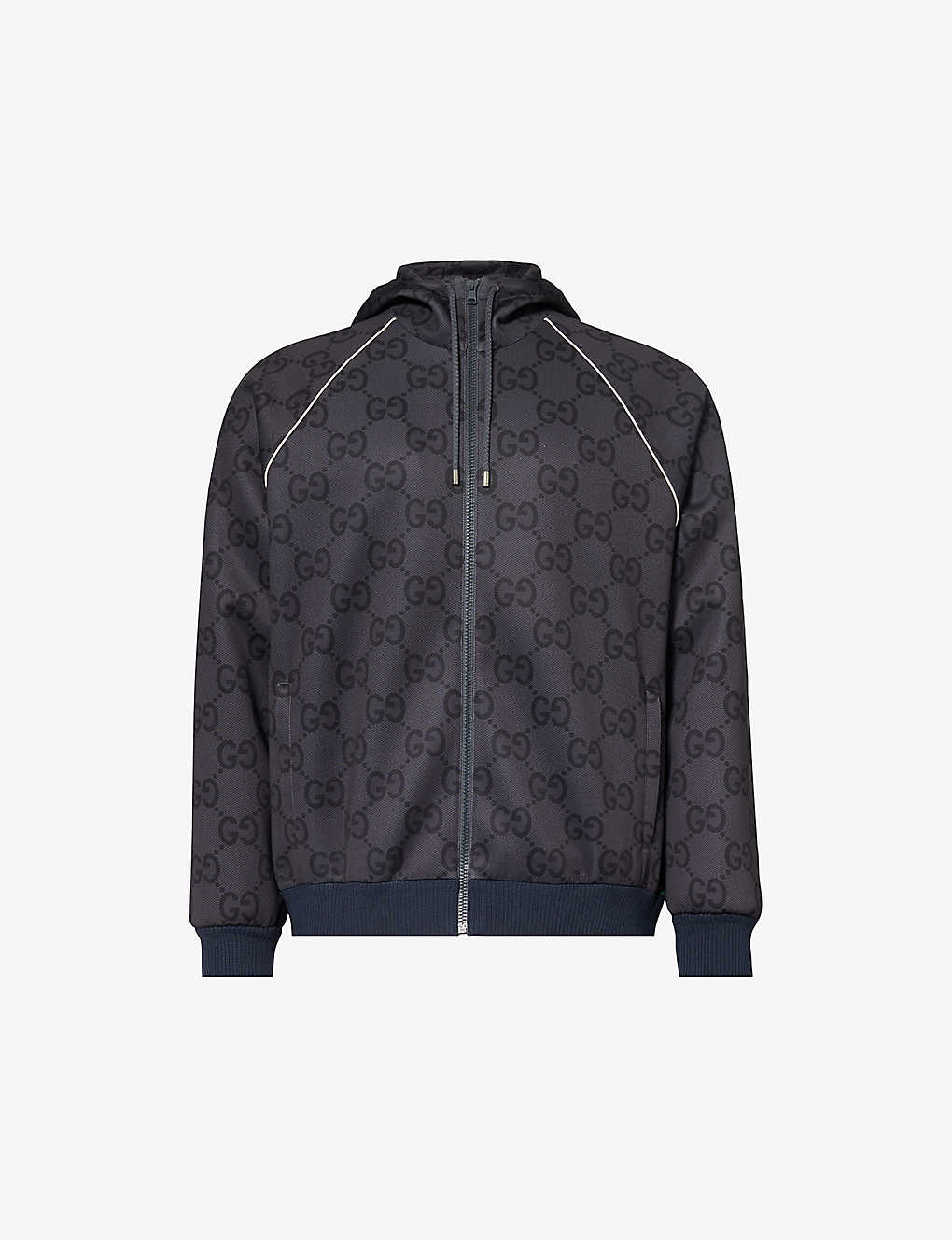 Shop Gucci Men's Grey/dark Grey/mc Monogrammed Contrast-trim Stretch-woven Hooded Jacket